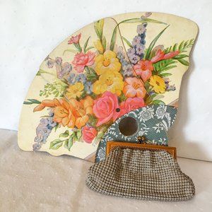1950’s Whiting and Davis Mesh Enamel Change Purse, Tri-Fold Advertising Fan